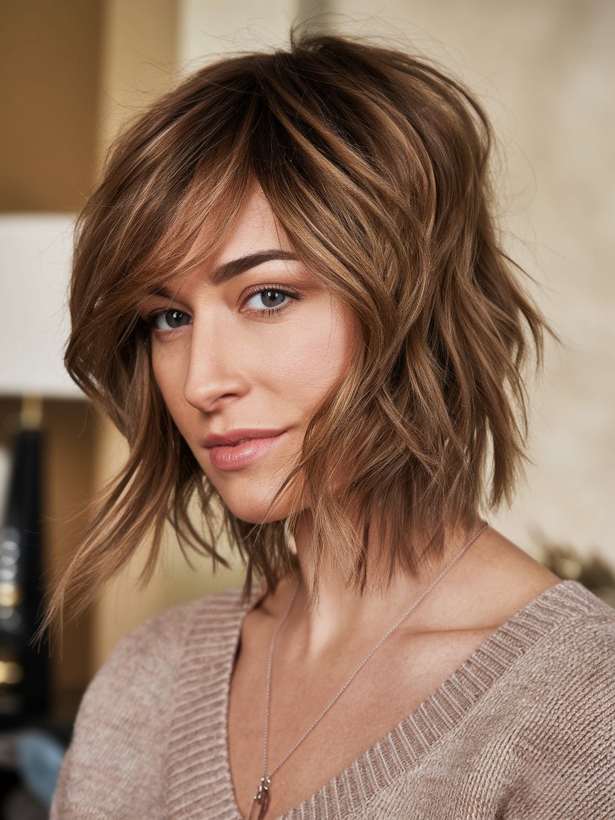 27. Tousled Layered Bob With Side Swept Bangs