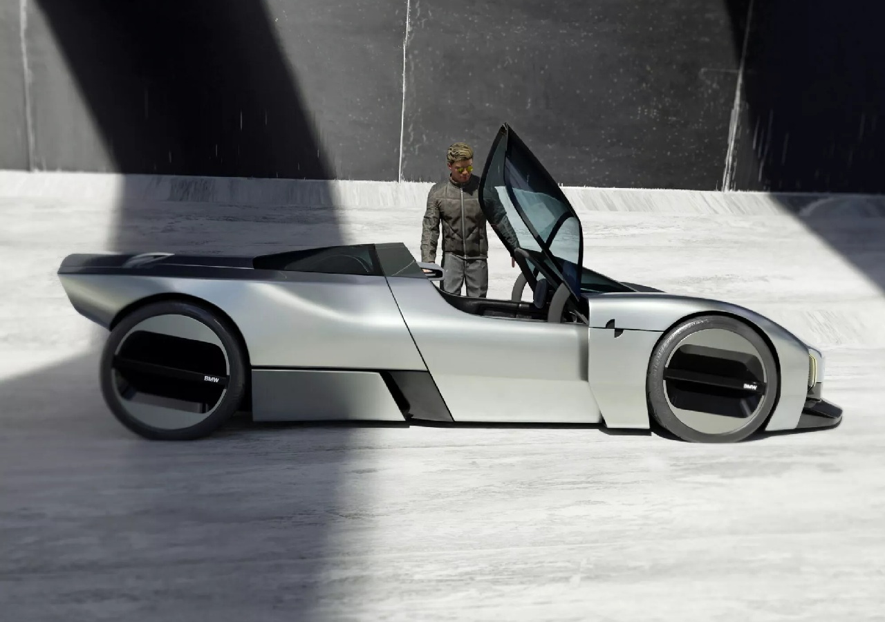 Innovative digital design of a BMW supercar inspired by the M1 and Nazca C2, blending futuristic performance with classic elegance. 