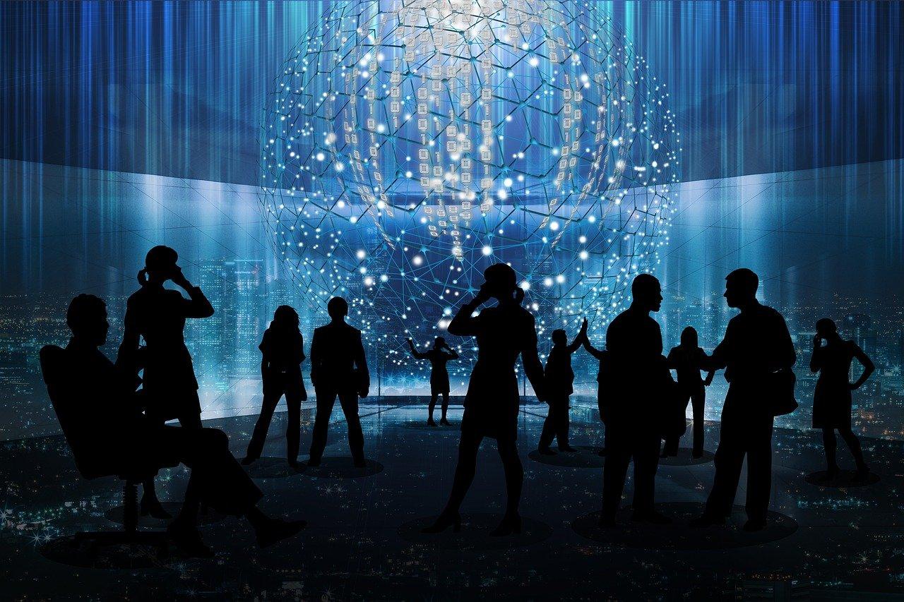 People networking in a futuristic digital environment with a globe projection.