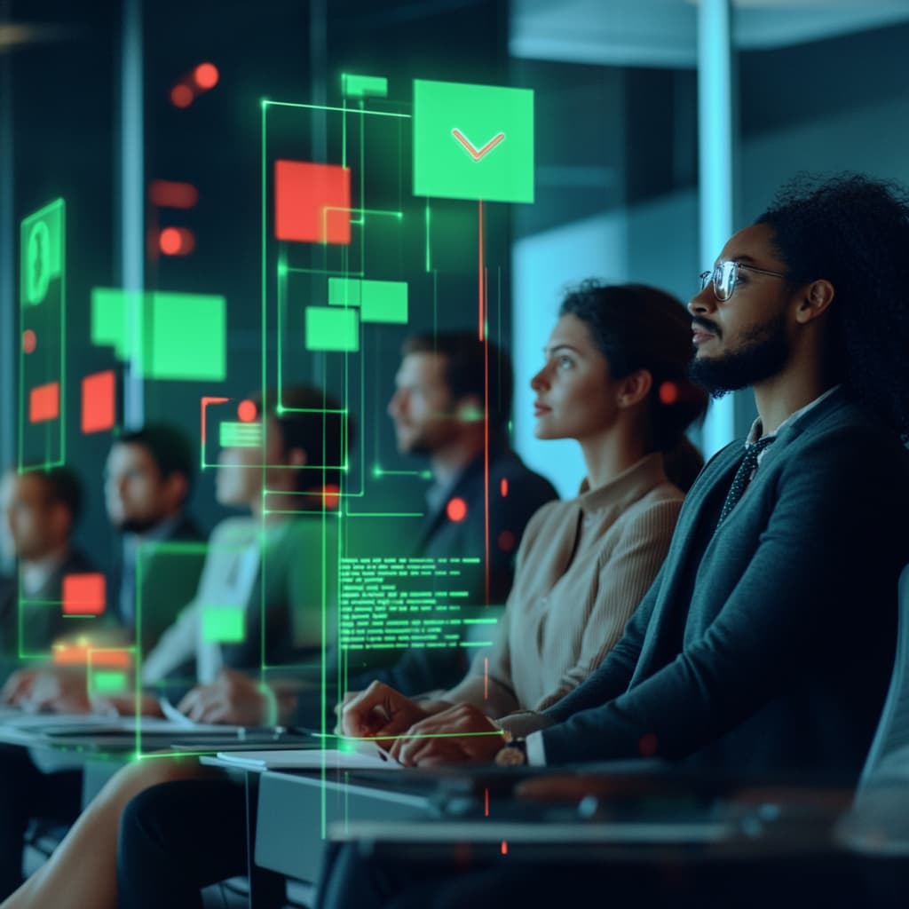 
A diverse group of employees in a modern office watching a holographic 'Phishing Awareness Training' presentation. Glowing green 'Safe Click' vs. red 'Malware Alert' pop-ups floating in mid-air.