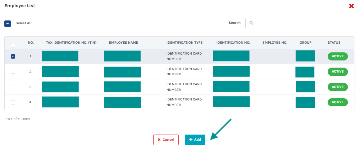 Screencap of e-PCB submission page showing Employee List table with the following categories: 1) TIN 2) Employee Name 3) ID Type 4) Employee No. 5) Group and 6) Status