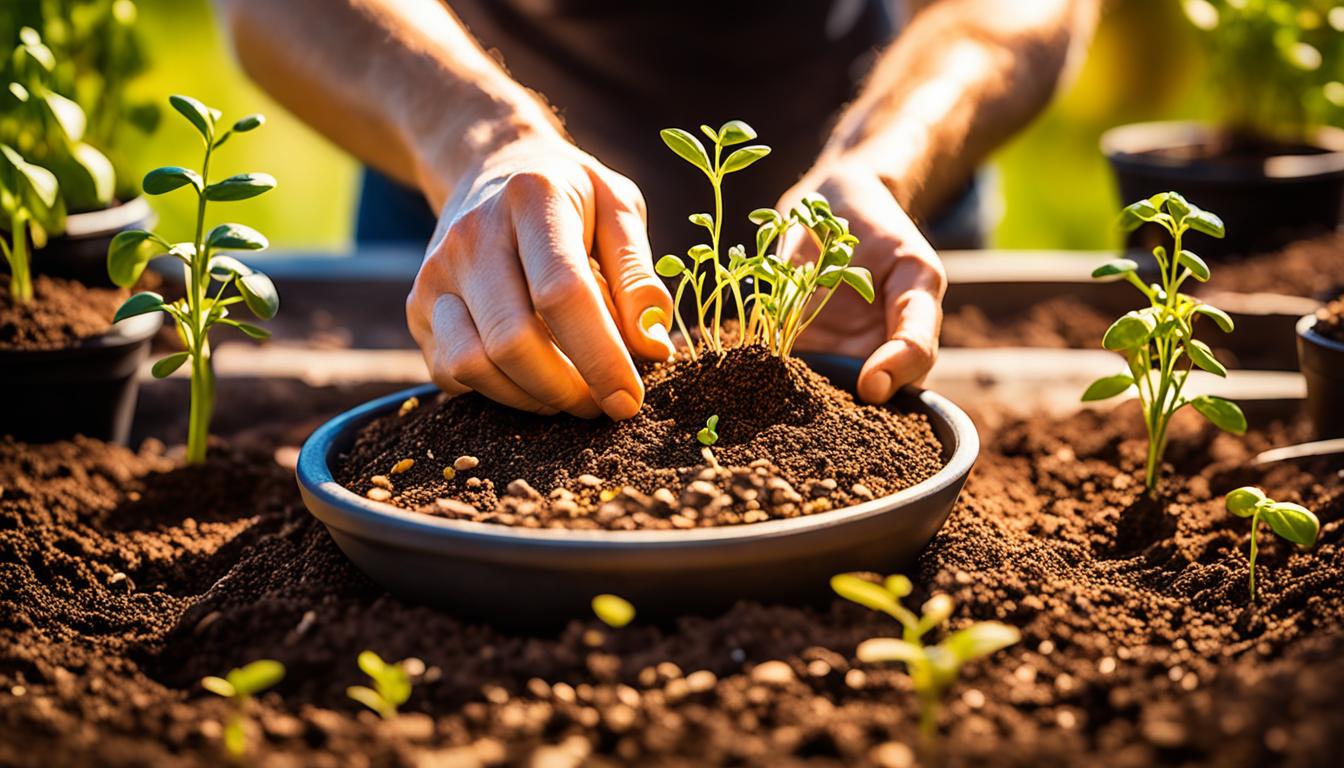 An image of a person planting a seed of intention in soil, with their hand firmly grasping the seed and their eyes closed in concentration. The soil is depicted as rich and fertile, with small sprouts beginning to poke through the earth around the planted seed. Behind the person, a bright golden light radiates outward, symbolizing the emotional investment they have made in their manifestation.