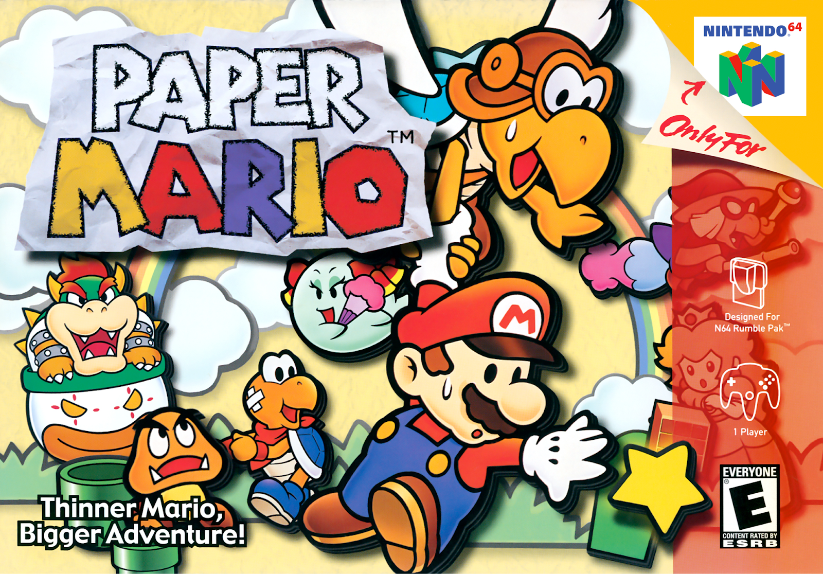 The key art of paper mario, featuring mario, bowser, and the party.