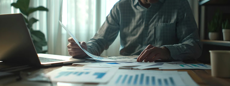 a person sits at a desk examining charts and graphs related to insurance rates in georgia.