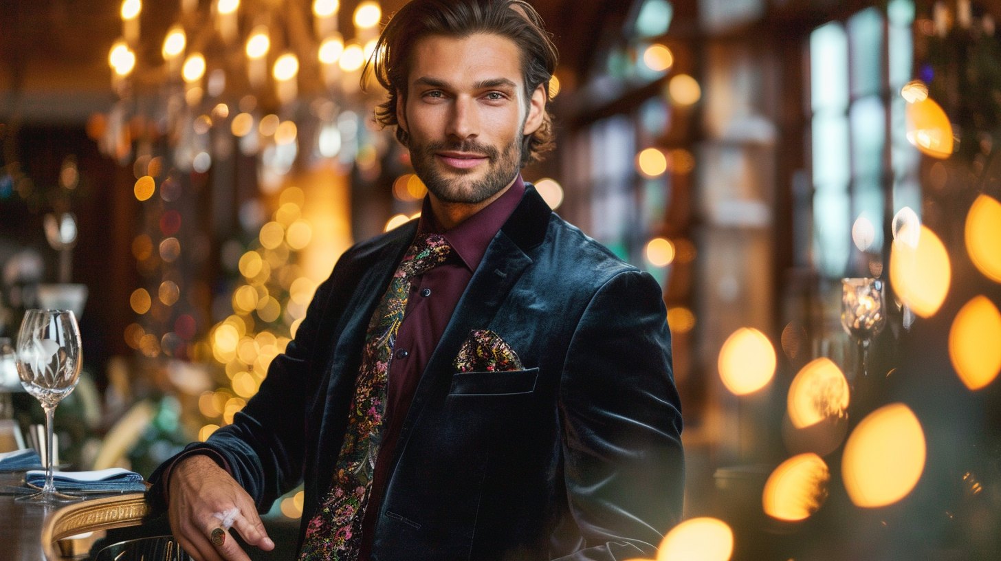 A fashionable man in a velvet blazer with a jewel-tone shirt, festive patterned tie or socks, at a holiday cocktail party with sparkling lights and elegant seasonal decor