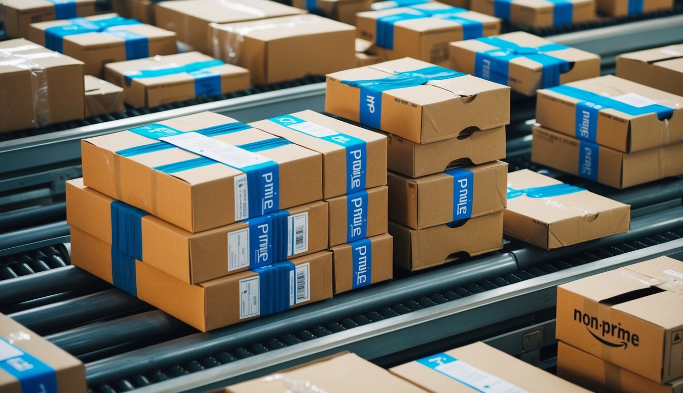 A stack of packages, some marked "Prime," others "Non-Prime," sit on a conveyor belt, ready for processing. The Prime packages appear more organized and uniform, while the Non-Prime packages seem more varied and haphazard