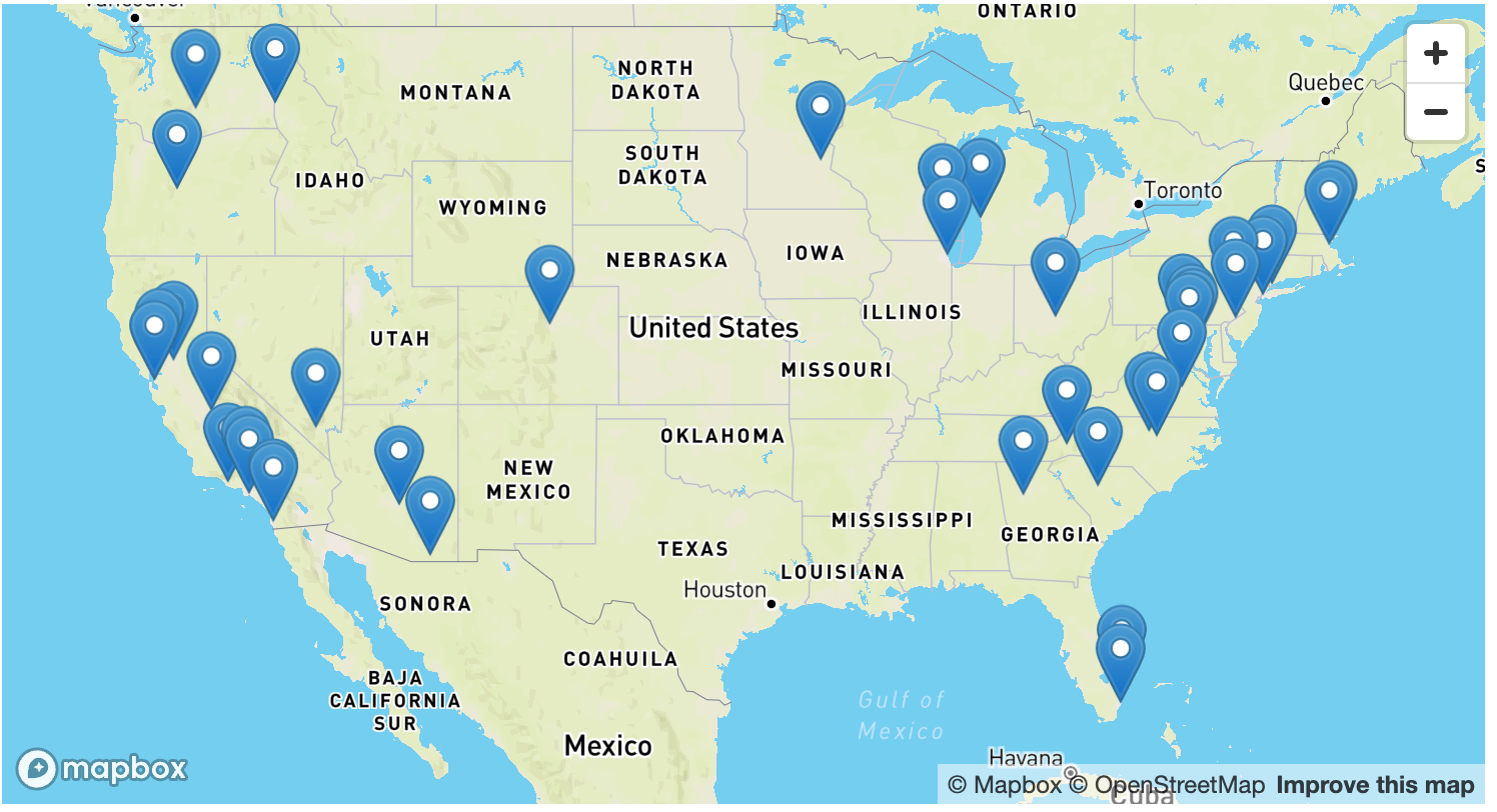 US Map with 41 events on it