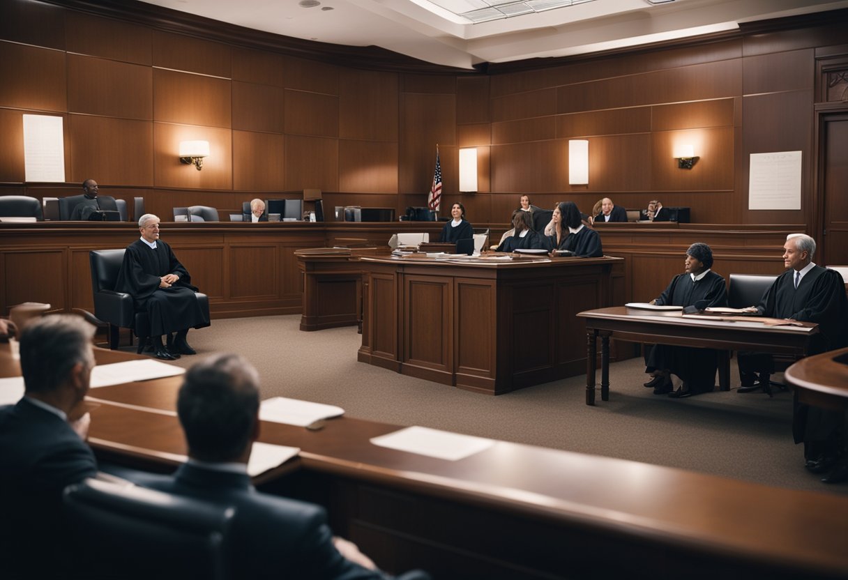 A courtroom with a judge presiding over a personal injury settlement case, with lawyers and clients presenting evidence and arguments