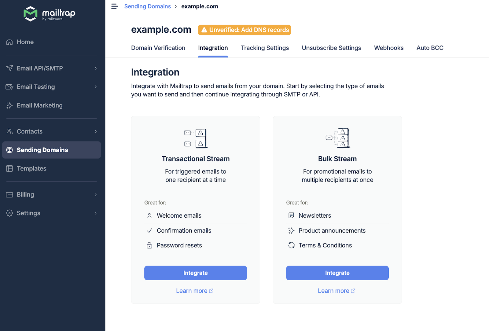 Mailtrap email delivery platform integration selection menu. 