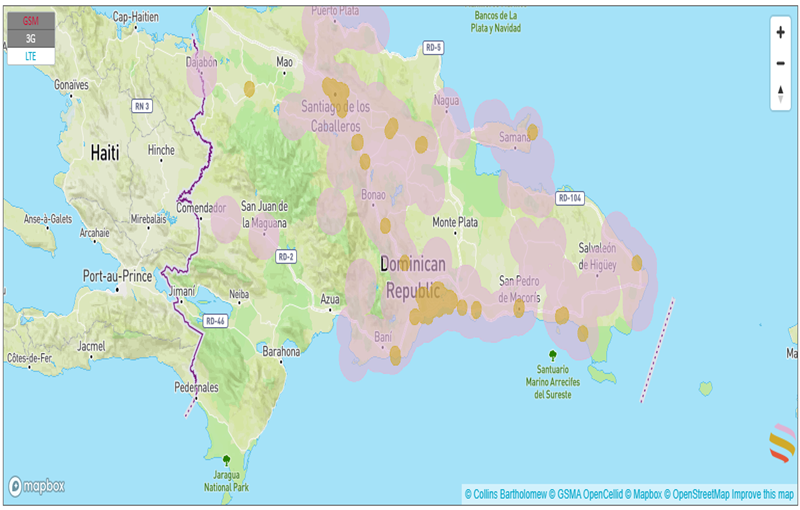 mapa de cobertura con una esim en república dominicana