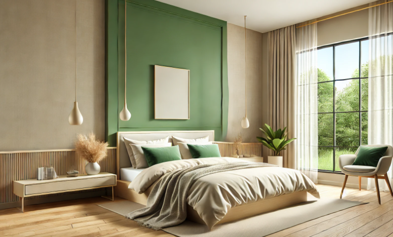 Nature-inspired bedroom in green and beige, simulating a walk through a sun-dappled forest.
