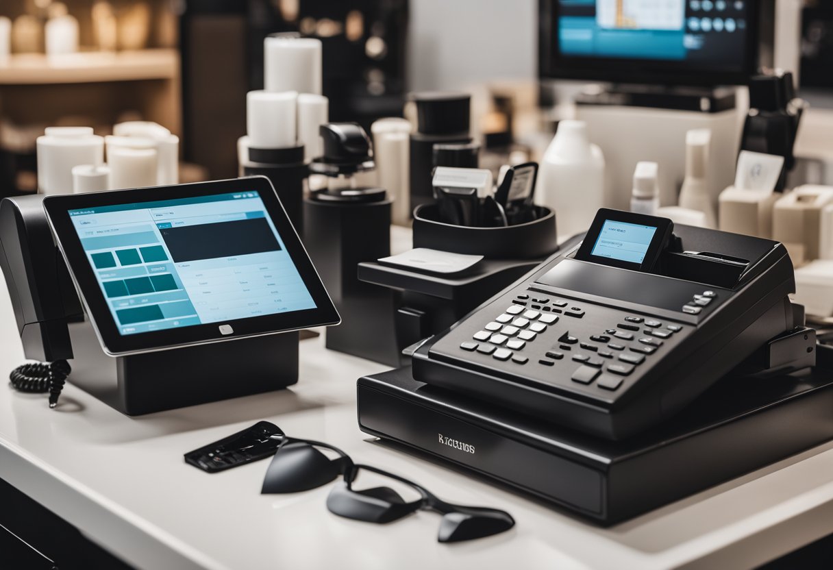 A salon POS system with a cash register, barcode scanner, and receipt printer on a counter with a stylist's tools and products neatly displayed nearby