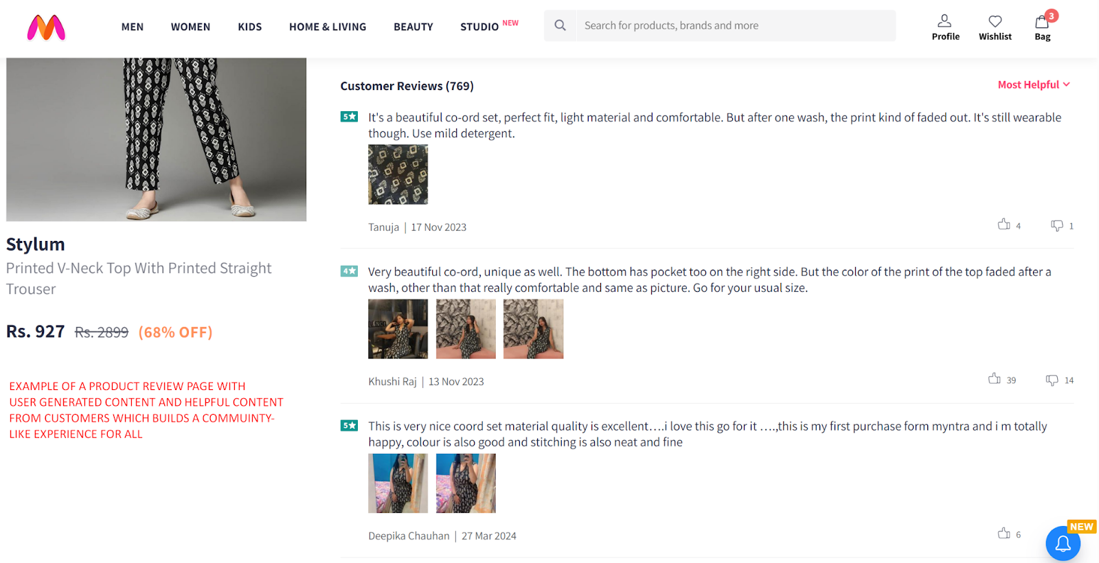 Example of a community review page on Myntra