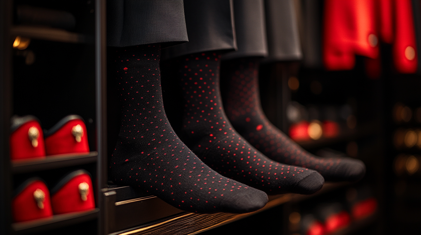 A close-up of black socks with a hint of red pattern, peeking out from under the cuffs of a black suit, displayed in front of a wardrobe full of black suits and red shirts hanging, adding a subtle but fun detail to the outfit.