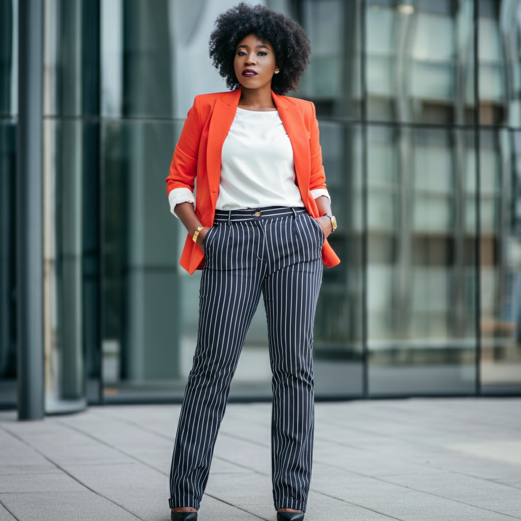 Woman in bold blazer and striped trousers