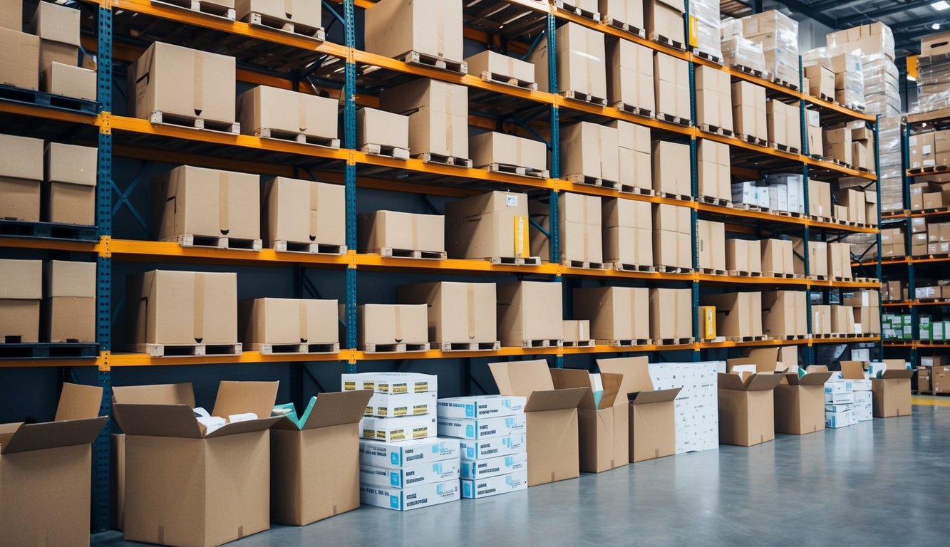 Boxes of various sizes stacked high in a warehouse, some open and partially filled with products, while others remain sealed, representing unfulfillable inventory on Amazon