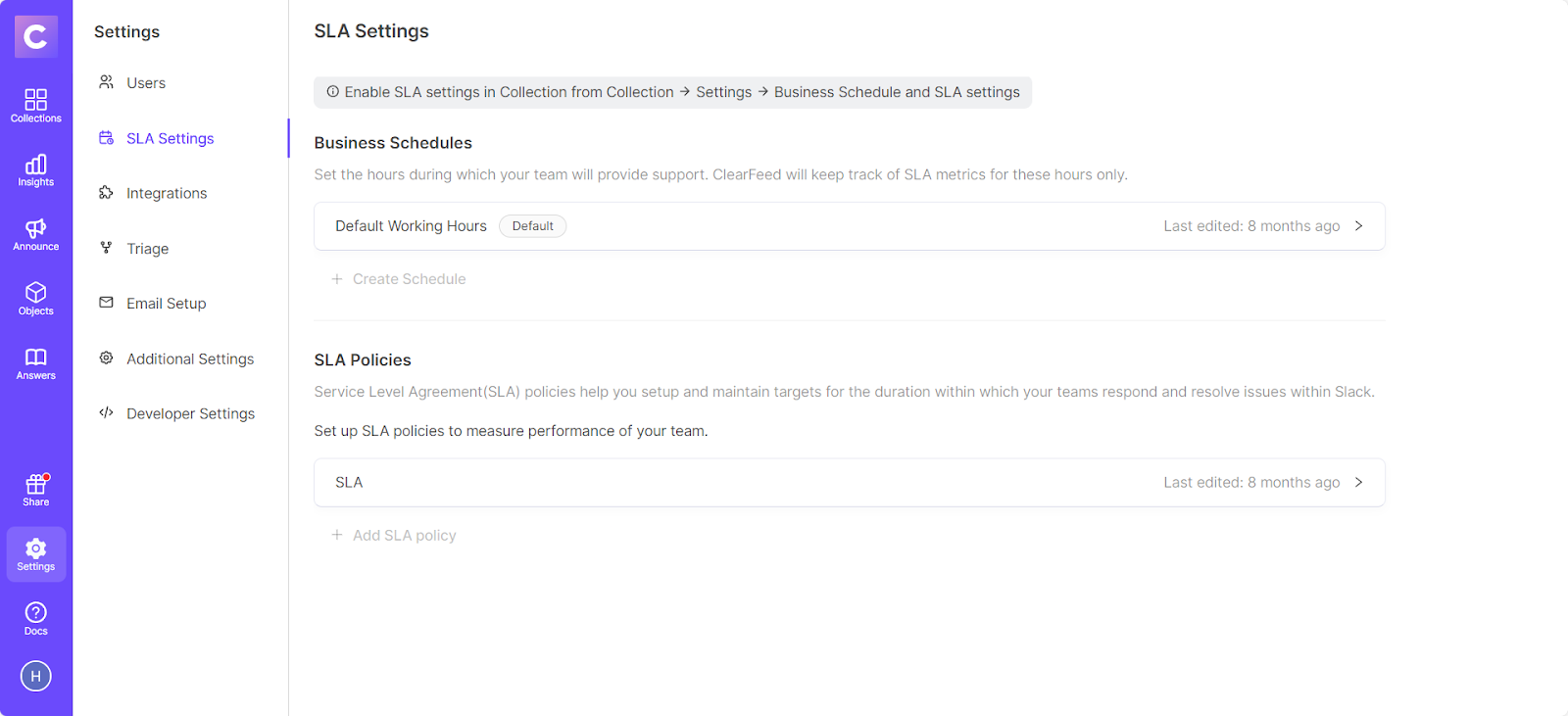 Pictorial representation of customizable SLA settings within Slack dashboard.