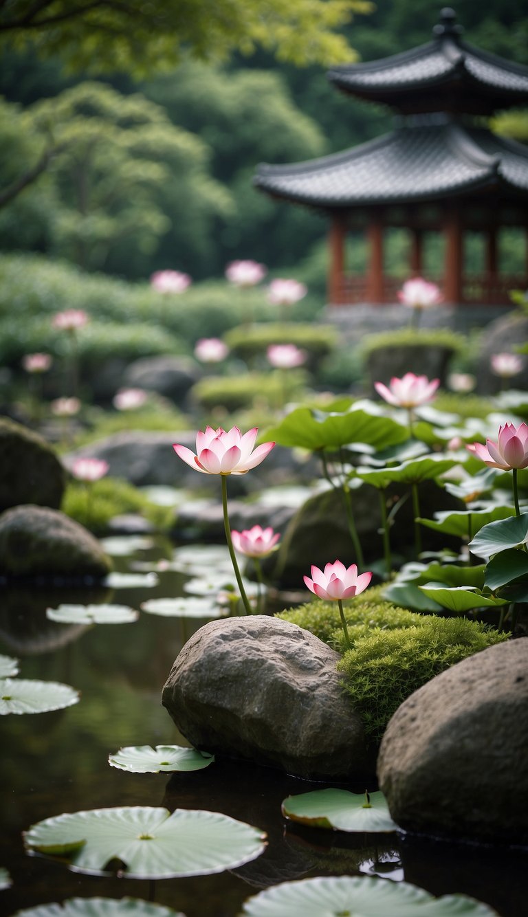 A serene Japanese garden with 25 lotus ponds, surrounded by lush greenery and traditional stone lanterns