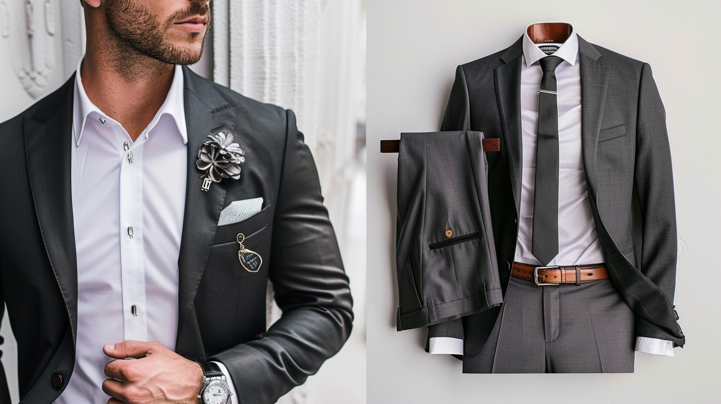 Create a stylish and modern men's outfit featuring a black suit coat paired with grey pants. Highlight a balance between formal and smart-casual--ideal for business, weddings, or date nights. Focus on fit, fabric choice, and seasonal adaptability. Include complementary shirts (white, light blue, black), shoes (black or brown dress shoes, loafers), and subtle accessories (watch, belt, pocket square). Showcase outfit variations across spring, summer, fall, and winter