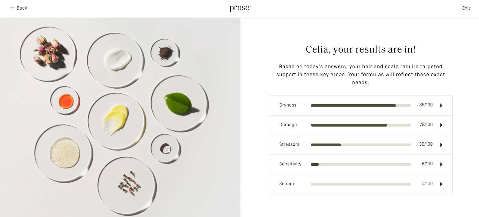 a screenshot of part of the Prose customization quiz, which says "Celia, your results are in!"
