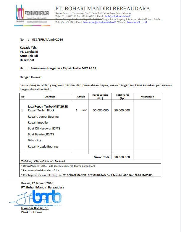 Surat penawaran harga untuk jasa perbaikan mesin