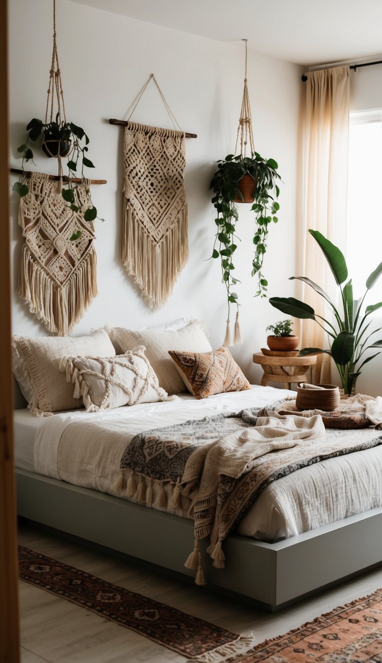 A cozy boho bedroom with a low platform bed, layered textiles, hanging plants, and eclectic decor including macrame wall hangings and vintage rugs