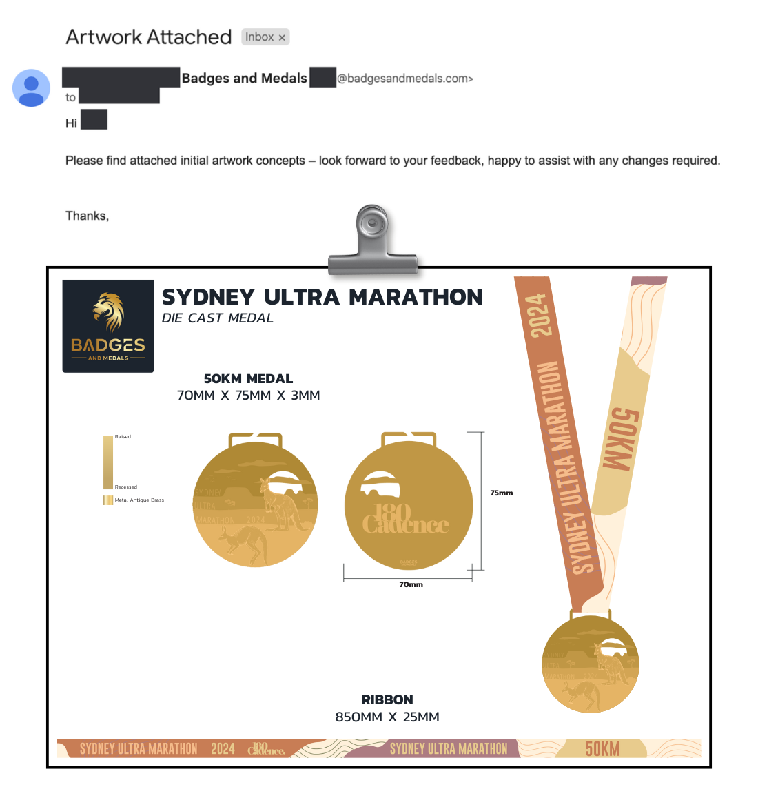 Email showing Badges And Medal's customer service updating showing initial artwork.