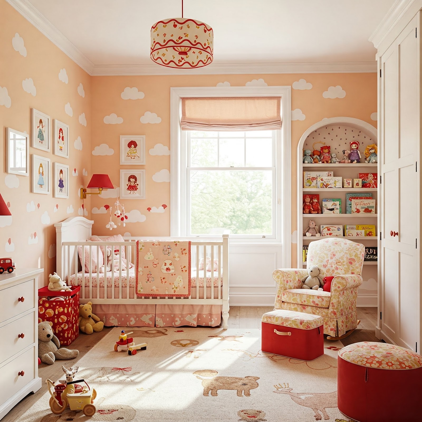 Colorful nursery with a lot going on, but all good and fun!