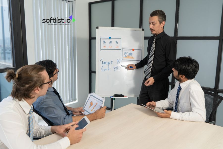 Business meeting with four people discussing targets and goals on whiteboard.