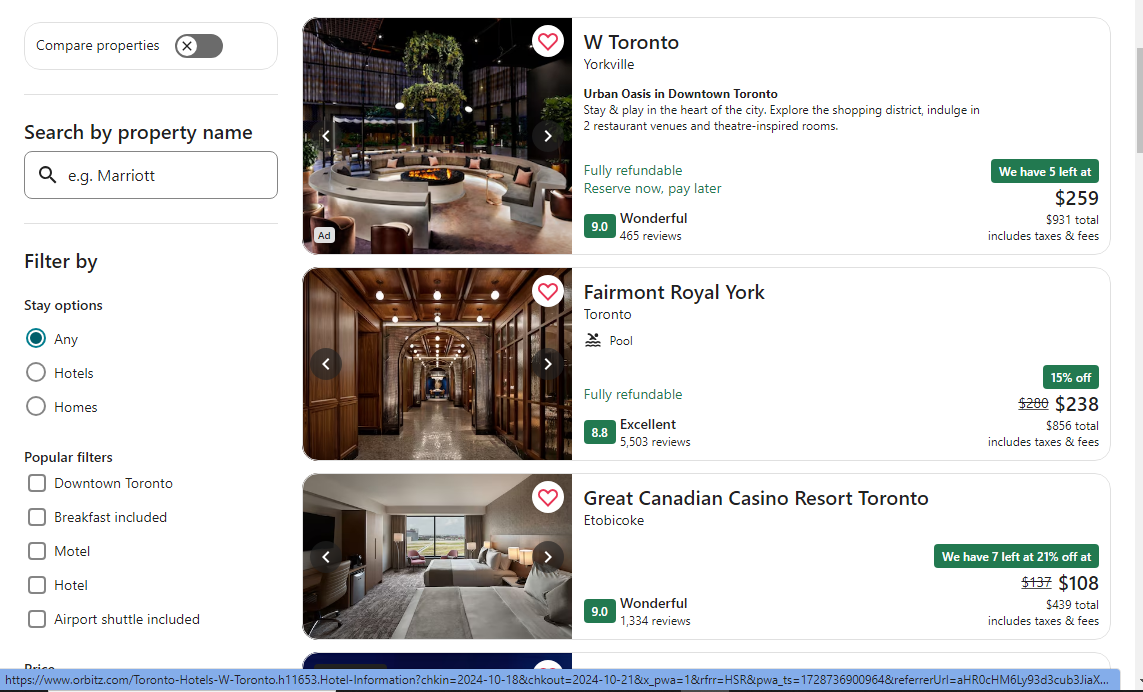 list of available hotels in your going location.