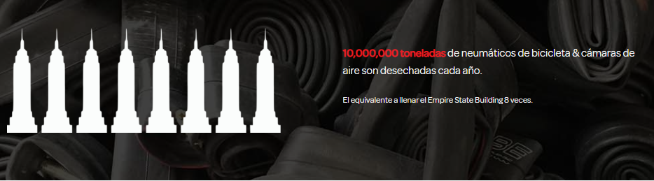 Infographie expliquant que "10 000 000 tonnes de pneus de bicyclettes et de chambres à air sont jetées chaque année. Cela équivaut à remplir 8 fois l'Empire State Building.