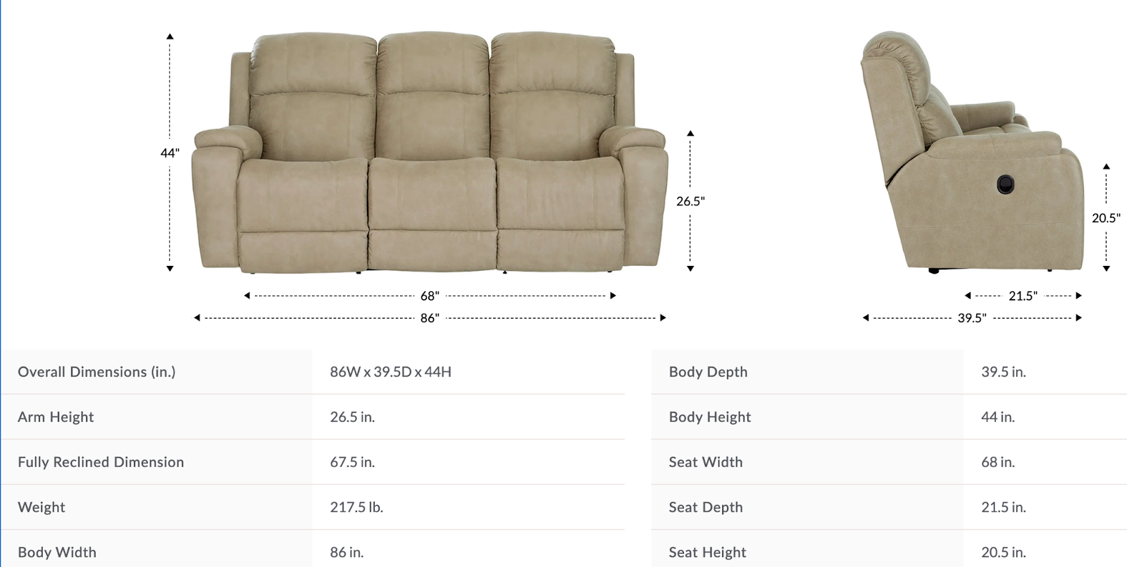 dorian reclining sofa size and dimensions