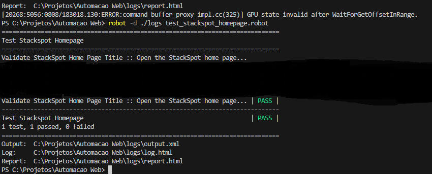 Image from the article on Web test automation. In this image, we see the VS Code terminal after running the tests. The open image shows the console displaying the successful execution.