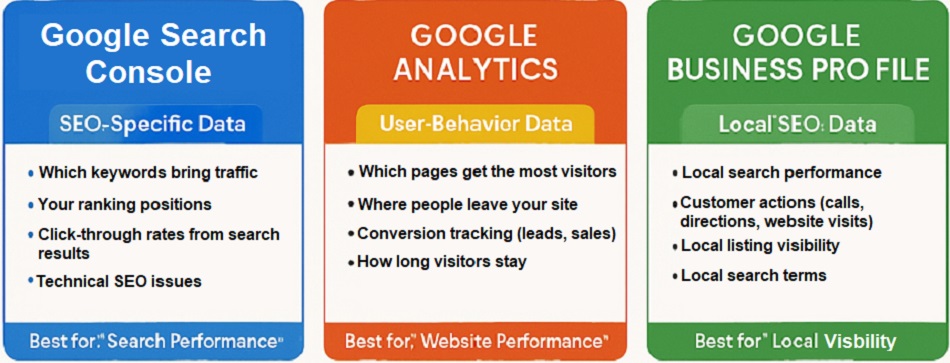 Difference between Google Search Console, Google Analytics, and Google Business Profile Insights