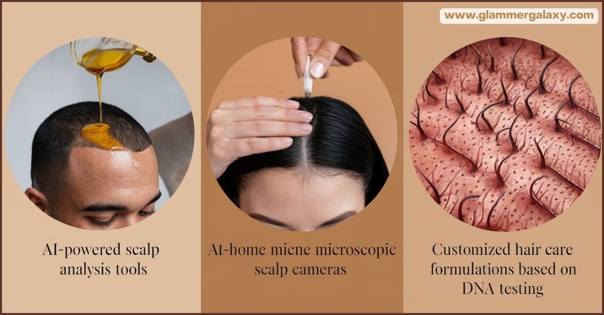 Three images depicting scalp analysis technology, including microscopic AI, hair care formulations, and DNA testing.