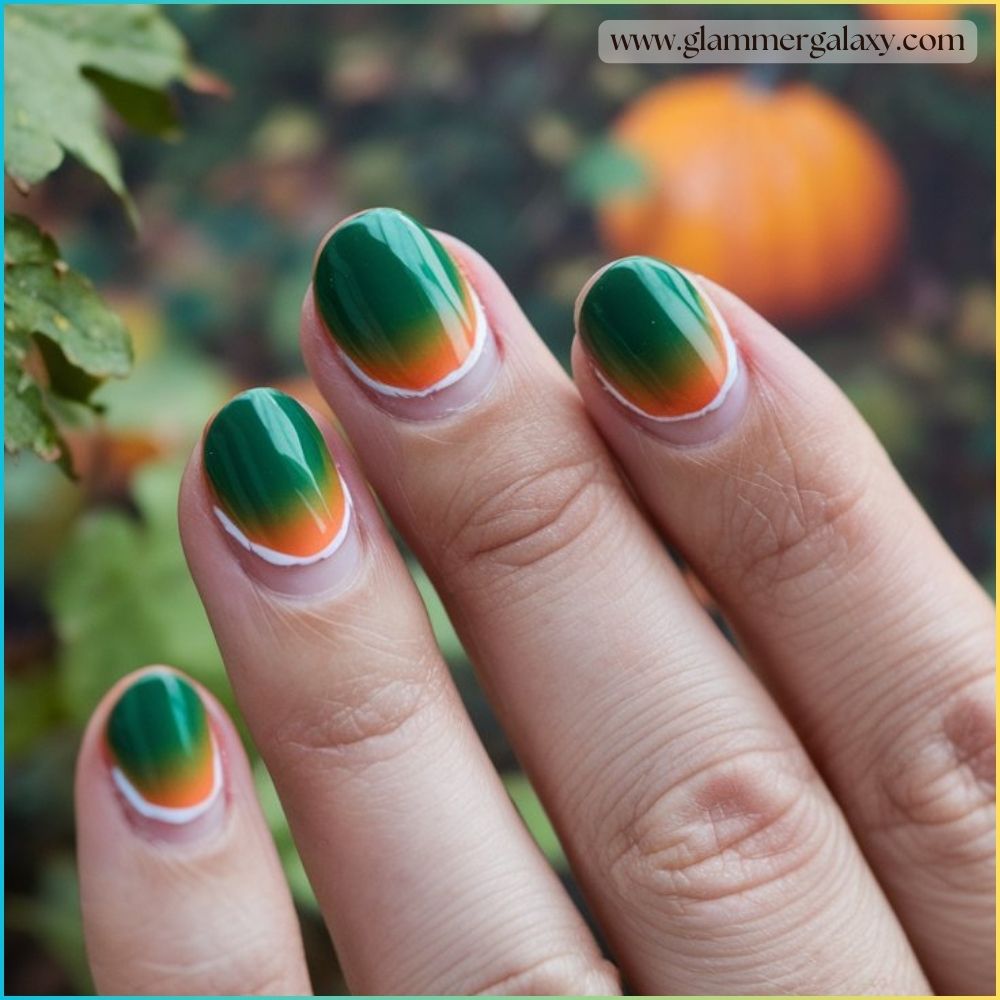 Close up of green fall nails The Beauty of Negative Space Accent