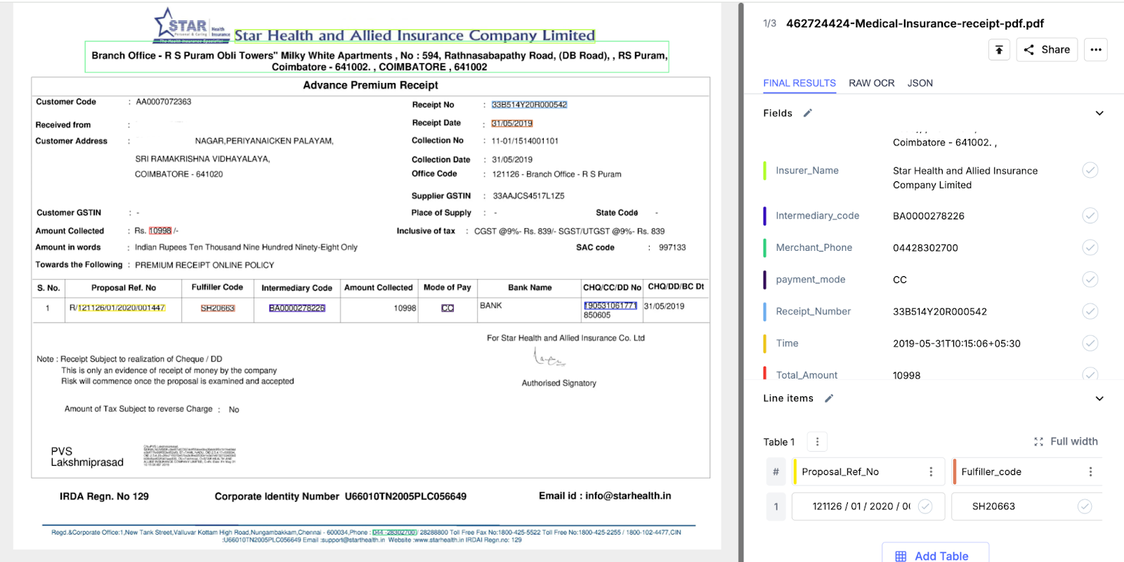 Extracting data from insurance claim receipt - Nanonets