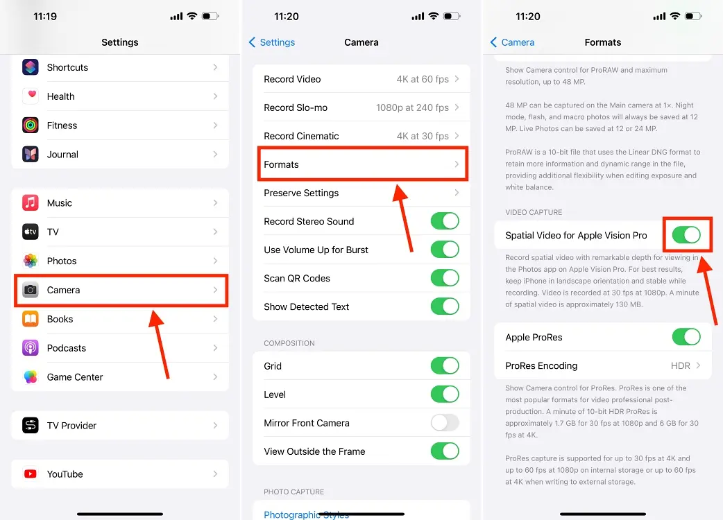 Screenshots of iPhone 15 Pro Camera settings with Spatial Video for Apple Vision Pro enabled