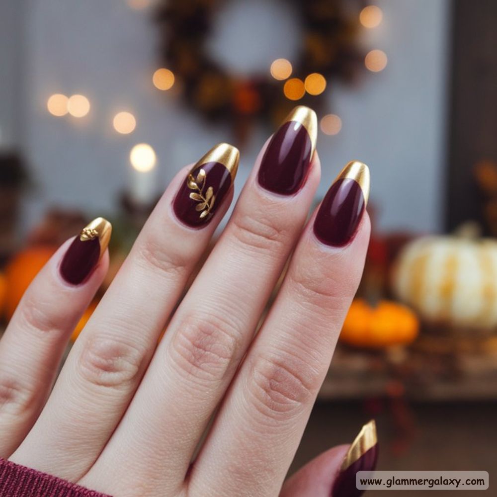 Thanksgiving Nail Designs having Burgundy and Gold Glamour Nails
