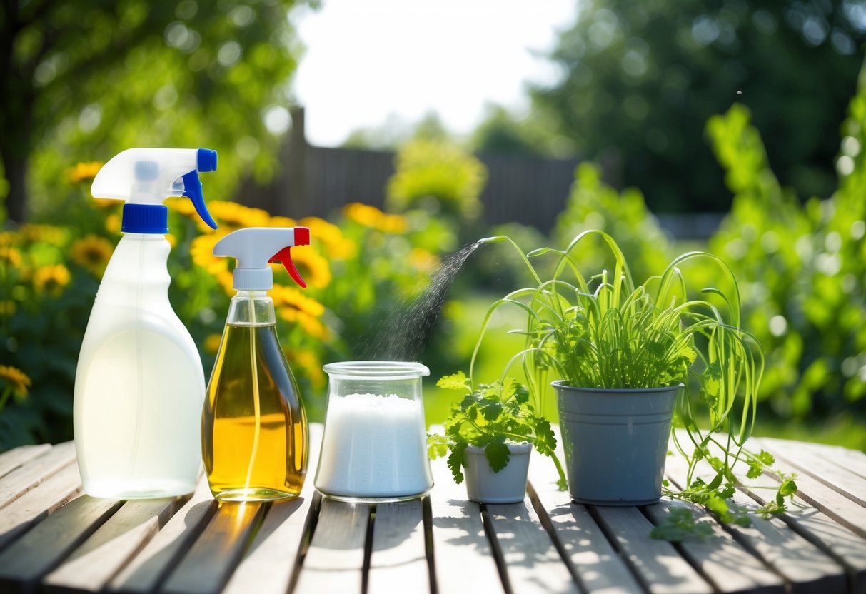 A table with vinegar, salt, and a spray bottle. A garden with weeds, a sunny day