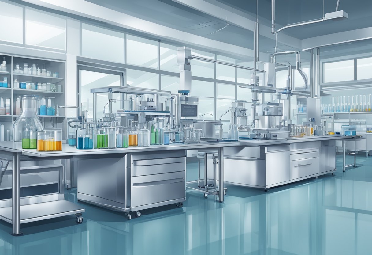 A modern laboratory setting with state-of-the-art equipment and machinery for pharmaceutical research and development