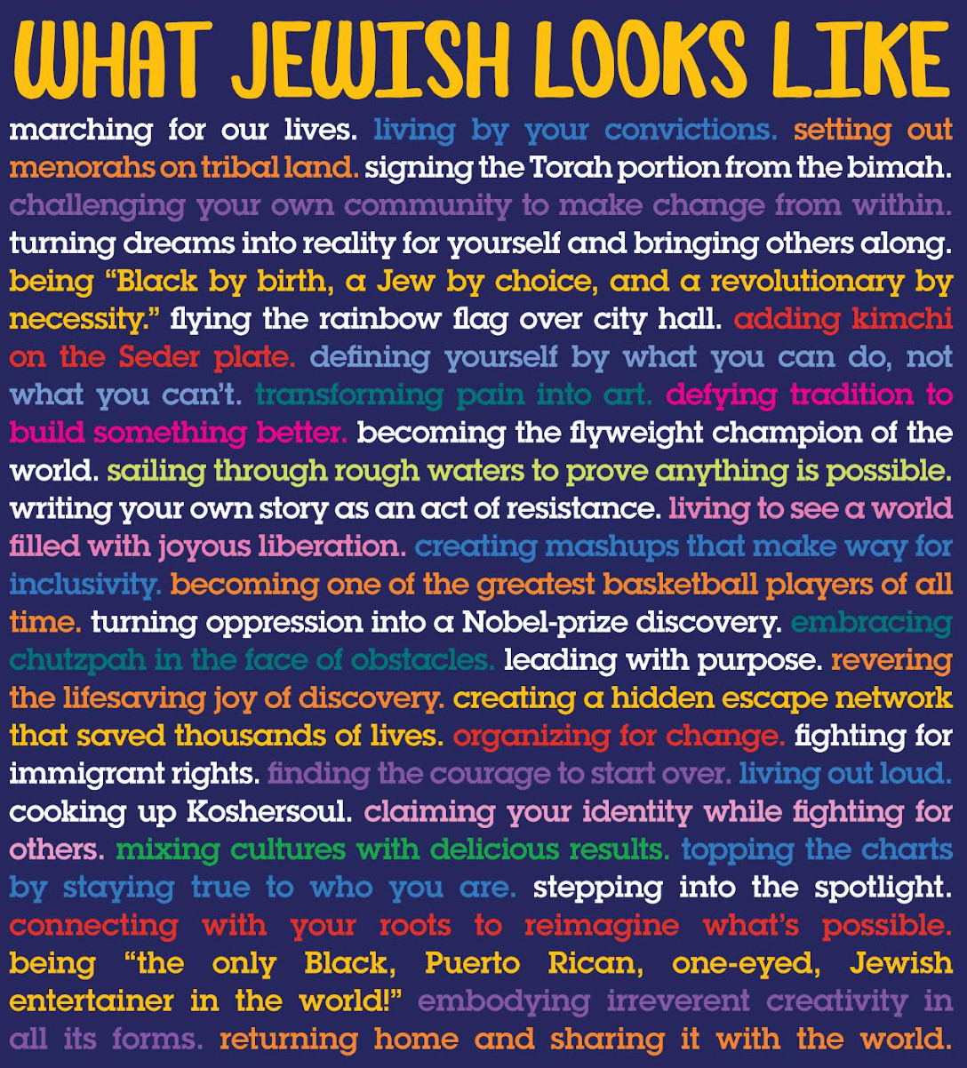  WHAT JEWISH LOOKS LIKE marching for our lives. living by your convictions. setting out menorahs on tribal land. signing the Torah portion from the bimah. challenging your own community to make change from within. turning dreams into reality for yourself and bringing others along. being "Black by birth, a Jew by choice, and a revolutionary by necessity." flying the rainbow flag over city hall. adding kimchi on the Seder plate. defining yourself by what you can do, not what you can't. transforming pain into art. defying tradition to build something better. becoming the flyweight champion of the world. sailing through rough waters to prove anything is possible. writing your own story as an act of resistance. living to see a world filled with joyous liberation. creating mashups that make way for inclusivity. becoming one of the greatest basketball players of all time. turning oppression into a Nobel-prize discovery. embracing chutzpah in the face of obstacles. leading with purpose. revering the lifesaving joy of discovery. creating a hidden escape network that saved thousands of lives. organizing for change. fighting for immigrant rights. finding the courage to start over. living out loud. cooking up Koshersoul. claiming your identity while fighting for others. mixing cultures with delicious results. topping the charts by staying true to who you are. stepping into the spotlight. connecting with your roots to reimagine what's possible. being "the only Black, Puerto Rican, one-eyed, Jewish entertainer in the world!" embodying irreverent creativity in all its forms. returning home and sharing it with the world.