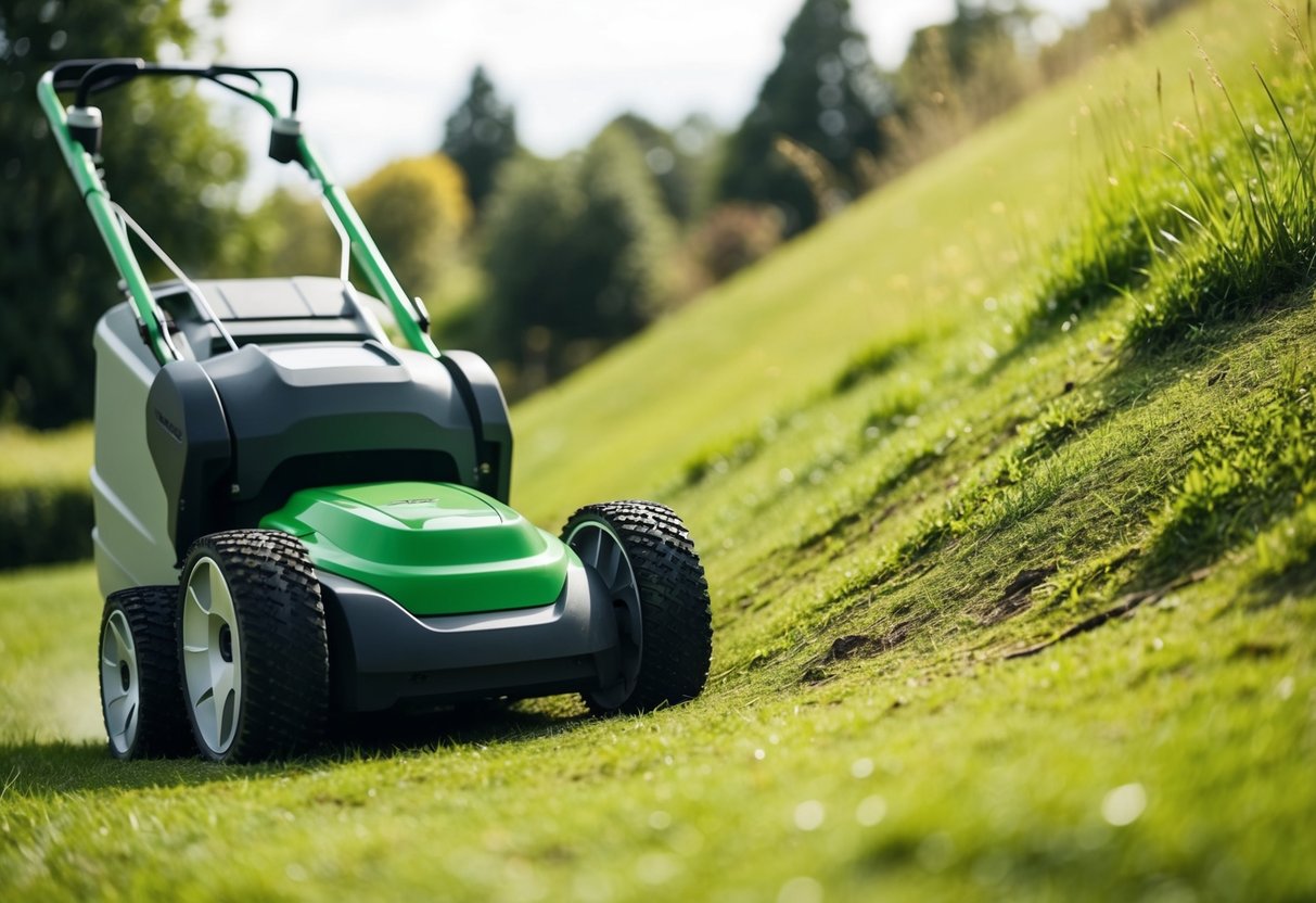 A robotic lawn mower navigating a steep slope with grass and trees in the background