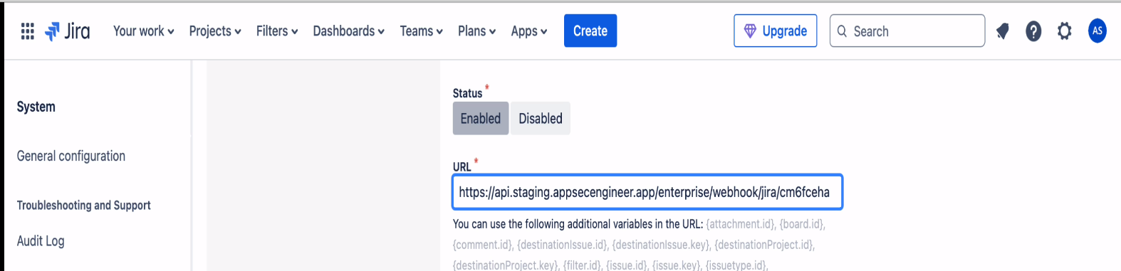 Jira Webhooks settings page with an enabled webhook and a specified URL.