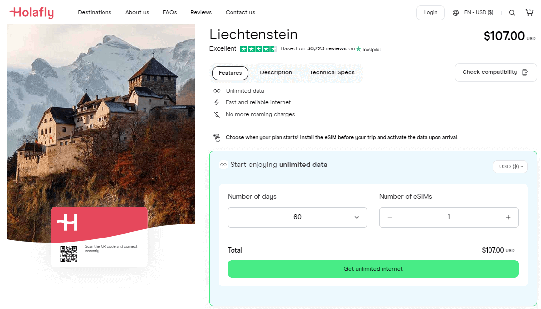 Planos de Esim da Holafly Liechtenstein