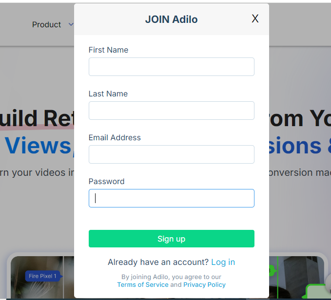 Adilo user login interface