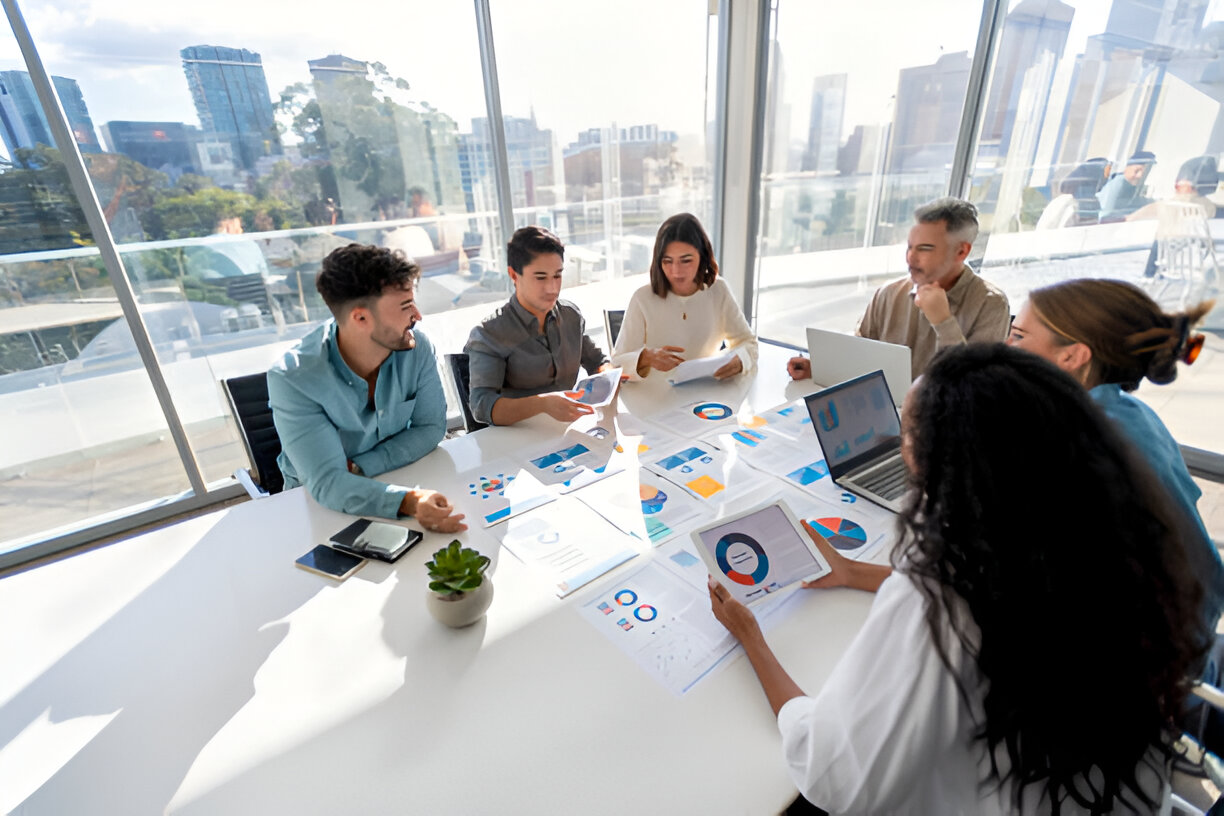 Group of professionals collaborating on budgeting strategies with charts and reports in a meeting room, representing the budgeting process.