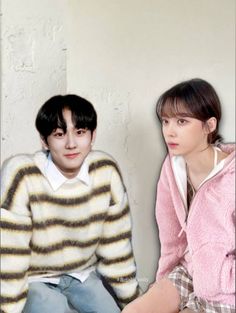 This  contain an image of Winter Jungwon  sitting next to each other in front of a white wall and one is wearing a striped sweater