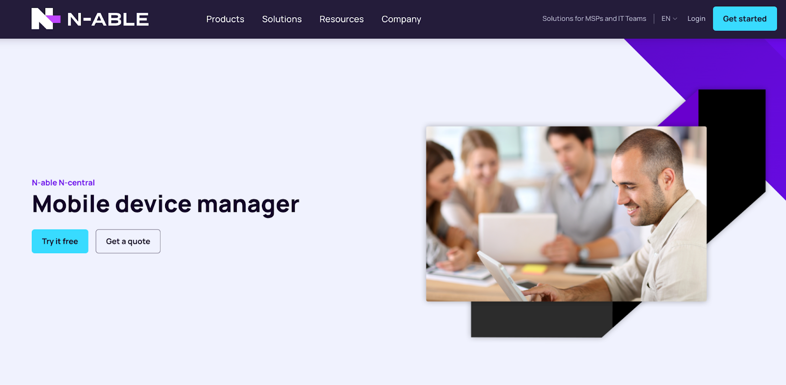 N-Able Homepage picture. It says, "Mobil device manager."
