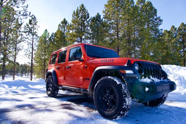 Jeep standing strong in rough, snowy terrain with fenders